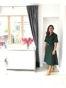 Green 3/4 length Dress with Yellow Shoes